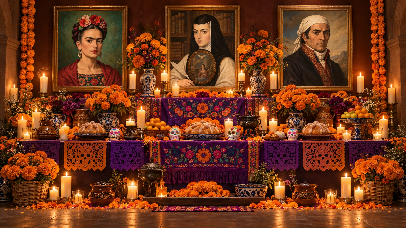 Ofrenda con flores de cempasúchil, velas y retratos de Frida Kahlo, Sor Juana y José María Morelos